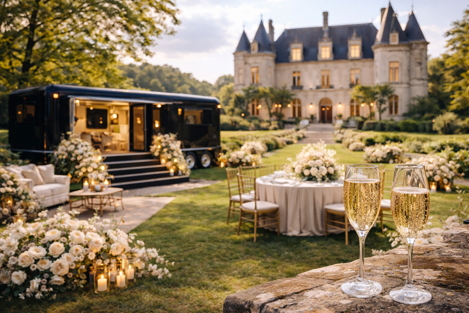 Loge mobile de luxe pour mariage haut de gamme en château – événement de prestige